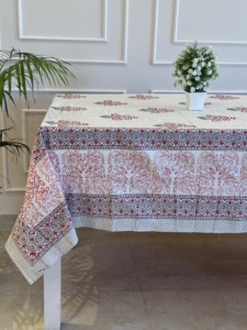 Indigo Floral Tablecloth, Hand Block Print Indian Cotton Boho Border <b>Table</b> Cover for Wedding <b>Tables</b>, Home, Dining <b>Table</b> Cover - Product Image 1