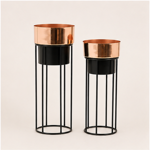 Ensemble de 2 jardinières en métal rose doré de luxe avec supports en fer noir, pots de plantes d'intérieur pour le salon et la décoration d'hôtel - Product Image 6