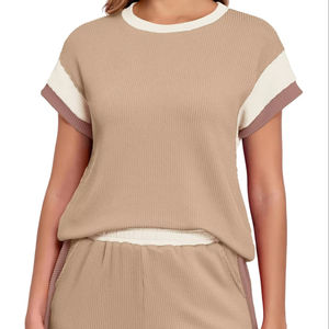 Conjunto de Ropa Casual para Mujer con Logotipo Personalizado, 100% Algodón, Camiseta de Manga Corta y Pantalones Cortos, Cuello Redondo, Conjunto de 2 Piezas - Product Image 4