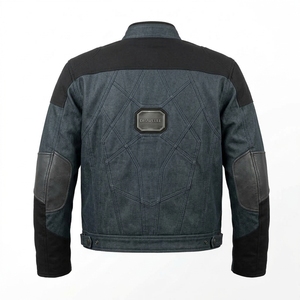 Blouson de moto en jean bleu délavé avec empiècements en cuir, style motard, vêtement d'extérieur tactique, streetwear décontracté pour homme, vintage - Product Image 2