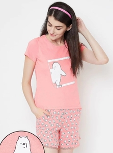 Women's Pink Printed Character Shorts Set <b>Elastic</b> Waist Casual Knitted Cotton Breathable Regular Fit - Product Image 6