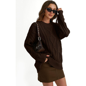 Suéter de cuello alto de punto trenzado extragrande para mujer, manga larga, antipilling, casual, grueso, de otoño, 100% poliéster - Product Image 1