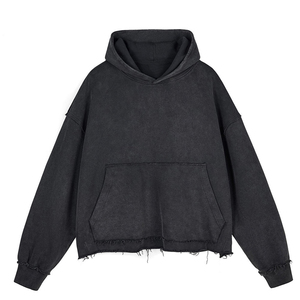 เสื้อฮู้ดดี้ผู้ชายแบบสวมหัวสำหรับฤดูหนาว แต่งโลโก้ด้านหน้าสไตล์วินเทจ ขาดรุ่ย ซักทำเก่า ทรงโอเวอร์ไซส์ ทรงบ็อกซี่ ป้องกันการหดตัว มีกระเป๋า - Product Image 1