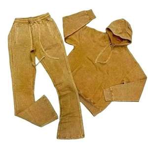 Conjunto de chándal de moda con pedrería, sudadera con capucha desgastada con lavado ácido y pantalones de chándal de pierna ancha, conjunto de ropa urbana con logo personalizado - Product Image 1