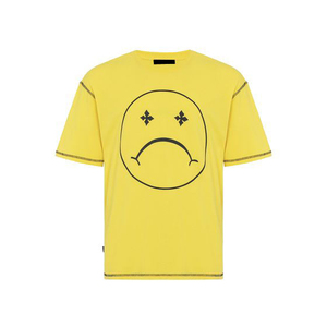 Camiseta de Manga Corta con Cuello Redondo Amarilla para Hombre con Estampado de Cara Triste de Dibujos Animados, Corte Regular, Estilo Casual, 100% Algodón Jersey - Product Image 3