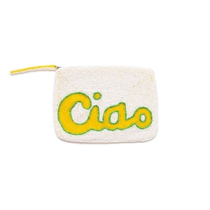 Handmade Cotton Coin Pouch Rectangular Shape Ciao Embroidery Yellow Green Letters Crafted <b>Purse</b> - Product Image 1