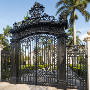 black wrought <b>iron</b> mansion gate with ornate scroll design premium metal entrance door for villa farmhouse hotel resort - Product Image 1