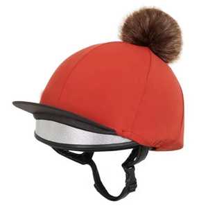 Funda para Casco de Equitación de Nailon Rojo con Pompón Marrón y Banda Reflectante Plateada, Tamaño Personalizable - Product Image 1