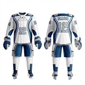 Ensemble d'uniformes de hockey sur glace personnalisés par sublimation pour hommes adultes, maillot et pantalon, manches longues, col en V, maille respirante, blanc et bleu, taille 12 - Product Image 1