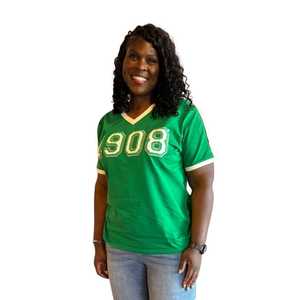 Camiseta Premium de Chenilla con Cuello en V para Mujer, Bordado de Letras Griegas, Ribete en Contraste, Top Casual de Alta Calidad para Verano - Product Image 2