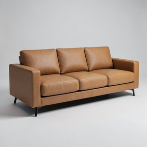 Canapé 3 places en cuir de vache véritable, style moderne du milieu du siècle, marron, avec structure en bois, pour salon - Product Image 1