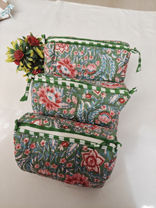 Sacs à maquillage en coton durable à rayures vertes et motifs floraux imprimés, pochettes indiennes, trousse de toilette de voyage, organiseur de cosmétiques - Product Image 5