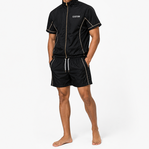 Ensemble streetwear léger 2026 personnalisé pour homme : coupe-vent deux pièces avec short, manches courtes, fermeture éclair intégrale, col montant et passepoil contrastant - Product Image 3
