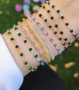 Bracelet en pierres précieuses perlées Émeraude Tanzanite Onyx Aigue-marine Citrine Argent sterling 925 Plaqué or 14 carats Bijou Cadeau - Product Image 1