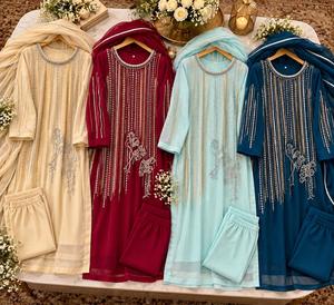 Conjunto de 3 Piezas de Chifón con Bordado Intenso, Traje Indio Pakistaní para Fiestas, Anarkali - Product Image 5
