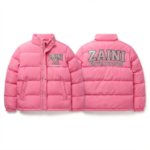 <b>Men</b> <b>Puffer</b> Jacket Premium Polyester Shell 300 GSM Quilted Winter <b>Coat</b> Pink High Collar Rib Cuffs Custom Chenille Logo Warm <b>Coat</b> - Product Image 1
