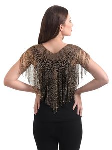 Cape en résille pour femme, poncho à col en V avec broderie perlée, sans manches, noir et or - Product Image 2