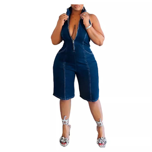 Combinaison en jean pour femme, couleur unie, fermeture éclair sur le devant, coupe ajustée, tenue de club d'été - Product Image 4