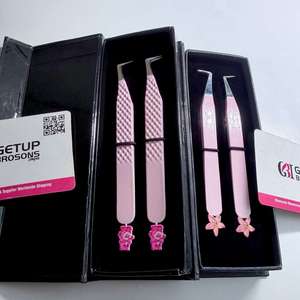 High Quality Custom Lilly Flower/ Teady <b>Bear</b> Cutout <b>Pink</b> Color 90 Boot Stainless Steel Eyelash Tweezers Smooth Silver Tip - Product Image 1