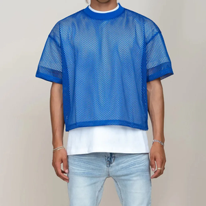 Camiseta de Manga Corta con Cuello Redondo para Hombre, Azul, de Malla, Corte Holgado, Informal, Tejida, Transpirable, de Color Sólido, Largo Regular, Spandex/Algodón - Product Image 2