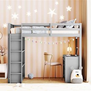 Letto a soppalco moderno per bambini, con scaletta, mensole e scrivania, in legno massello grigio, stile semplice, con funzioni di archiviazione, per camerette dei più piccoli - Product Image 2