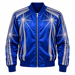 Chaqueta de Satén con Pedrería para Hombre, Azul Marino Brillante, Estilo Bomber, con Detalle de Corona de Cristal y Cierre Dorado, para Fiestas y Uso Casual - Product Image 1