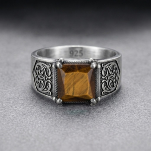 <b>925</b> Sterling <b>Silver</b> Men's <b>Ring</b> With Square Natural Tiger Eye Stone Geometric Vintage Design Prong Setting Everyday Wear Jewelry - Product Image 1