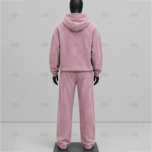 Unisex <b>Pink</b> Hooded <b>Tracksuit</b> <b>Set</b> Cotton Washed Casual Loose Fit Lightweight Drawstring Closure Autumn Full Length Pockets Front - Product Image 2