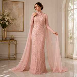 Robe de soirée de luxe rose poudré perlée avec manches cape, robe de créateur modeste, style Abaya islamique, caftan - Product Image 5