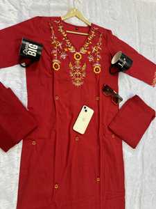 Designer 100% Cotton Red Embroidered Women Suit with Kurta Pant <b>Dupatta</b> for Wholesale Buyers - Product Image 3