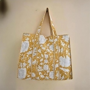 Yellow Letter Pattern Cotton Canvas Tote <b>Bag</b> Kantha Stitch Women <b>Large</b> Capacity Shopping <b>Beach</b> Eco-Friendly Shoulder <b>Bag</b> Fashion - Product Image 2