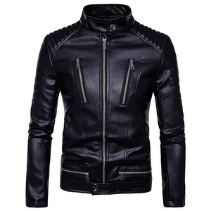 Men's Genuine Leather Eco-Friendly Moto Biker <b>Jacket</b> Stand Collar Zipper Closure <b>Slim</b> <b>Fit</b> Regular Solid Color Winter - Product Image 3