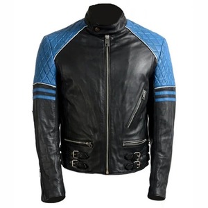<b>Men</b>’s Quilted <b>Biker</b> Stylish Black and Blue Leather <b>Jacket</b> - Product Image 1