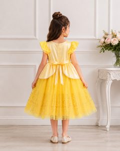 Robe de bal jaune pour filles, style princesse, avec tulle pailleté et satin fleuri |   Robe de fête de conte de fées - Product Image 5