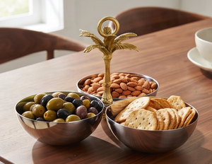 Tazón de Servir Metálico Premium de Tres Compartimentos con Asa de Palmera Dorada, Acabado Pulido, Estilo Glamuroso, Apto para Lavavajillas, para Fiestas - Product Image 3
