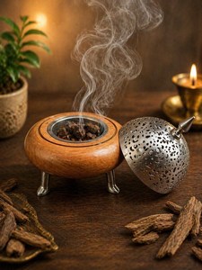 Brûleur d'encens Oud artisanal en bois d'acacia et mangue, écologique, avec motif sculpté et couvercle en laiton, pour les Émirats arabes unis et l'Arabie Saoudite - Product Image 3