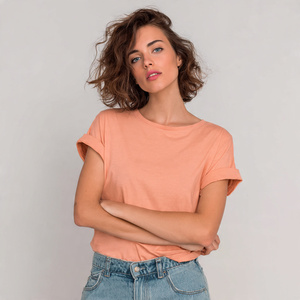 T-shirts d'été pour femmes à épaules tombantes, col rond, 100% polyester et coton, tee-shirt à épaules découpées pour femmes - Product Image 2