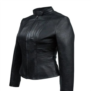 Women's Genuine <b>Leather</b> Motorcycle <b>Jacket</b> Black Stand Collar Full Sleeve Zipper Closure Autumn Style - Product Image 4
