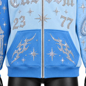 เสื้อฮู้ดซิปประดับเพชรเทียมแบบกำหนดเอง ยูนิเซ็กส์ สีน้ำเงิน ผ้าเฟรนช์เทอร์รี่ กันลม ทรงโอเวอร์ไซส์ สไตล์ฮิปฮอป มีกระเป๋า เหมาะสำหรับใส่ในฤดูใบไม้ร่วง - Product Image 3