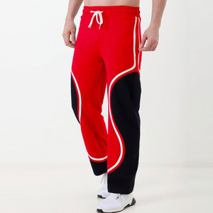 Red Black Color Blocked Sweatpants Elastic Waist <b>Drawstring</b> Casual Joggers Side Pockets Breathable Knitted Polyester Jogger - Product Image 2