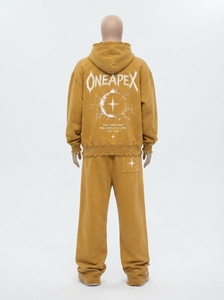 Men's 2 Piece Mustard Yellow Washed Hoodie <b>Sweatpants</b> Set Oversized Distressed Graphic Pullover Tracksuit Streetwear - Product Image 4