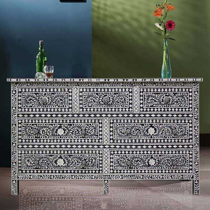 Table console Art Déco en os incrusté avec 5 tiroirs et armoires de rangement pour le salon - Product Image 4