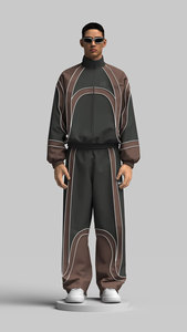 Conjunto Deportivo de Dos Piezas para Hombre, Diseño Curvo, Estilo Urbano, con Paneles en Contraste Gris Oscuro, Marrón y Blanco, Cierre Completo, Corte Holgado - Product Image 6