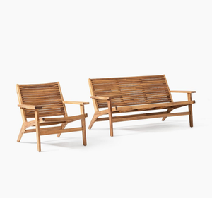 Ensemble de jardin minimaliste en teck massif pour hôtel, avec banc en bois, deux fauteuils, table basse ronde, imperméable et écologique - Product Image 4