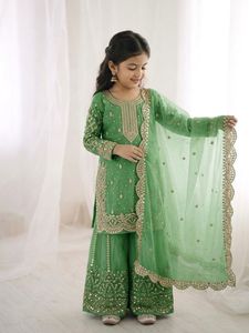 Fendy <b>Silk</b> <b>Kurta</b> Palazzo Set with Dupatta Embroidered Sequence Work Ethnic Wear Festive Wedding Party Outfit for Girls - Product Image 3