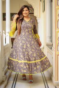 Rayon Floral Anarkali Kurti Women's <b>Plus</b> <b>Size</b> Angrakha Neck Bell Sleeves Flared Fit Casual Party Wear Grey Color - Product Image 1