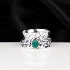 Vintage 925 Sterling <b>Silver</b> Green Onyx Spinner <b>Ring</b> for Anxiety Relief <b>Boho</b> Teardrop Green Chalcedony Meditation Handmade <b>Ring</b> - Product Image 6