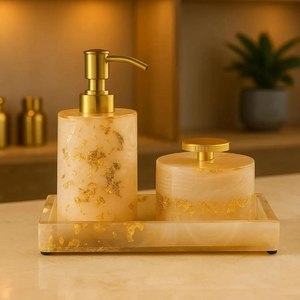 Address Craft Luxury Style Epoxy Resin Three-Piece Bathroom Set Soap Dispenser <b>Toothbrush</b> <b>Holder</b> Tray Floral Design Eco-Friendly - Product Image 2