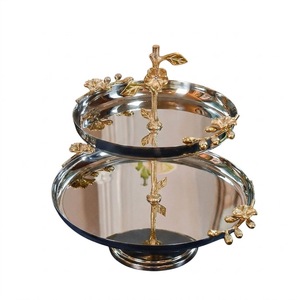 Premium Gold Leaf Designer Serving Platter Metal Silver Plated 2 Tier Cake Stand Dessert Display For Wedding And Parties Usage - Product Image 1