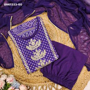 Conjunto de Sharara-Kurti-Dupatta Morado con Estampado Estilo Bandhani y Bordado Dorado para Uso Ocasional, Venta al Por Mayor - Product Image 5